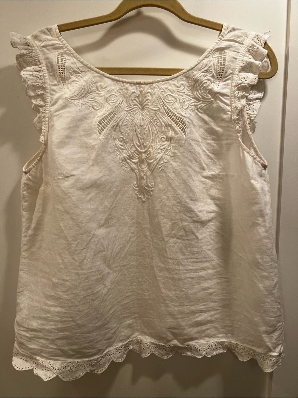 White linen Embroidered Ruffle Sleeve Women's Top - Sezane